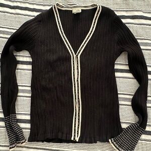 Black Ribbed Cardigan with White Trim